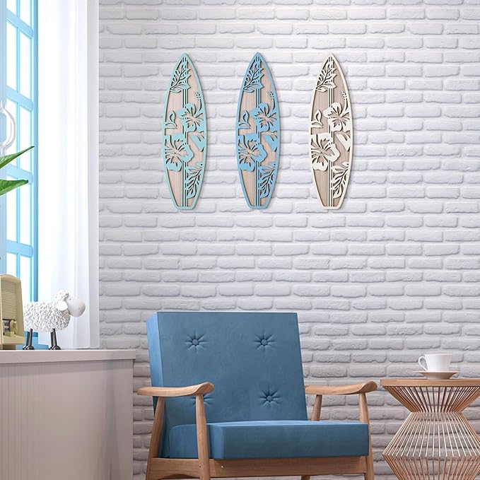 RattanView 3 Pieces Hibiscus Surfboard Decor for Bedroom Wooden Beach Wall Decor Summer Wood Surfboard Wall Hanging Sign for Tropical Living Room Decoration (Blue)