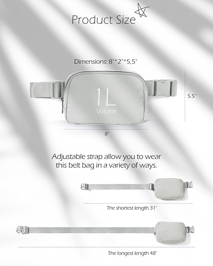 ODODOS Unisex Mini Belt Bag with Adjustable Strap Small Fanny Pack for Workout Running Traveling Hiking, Light Grey