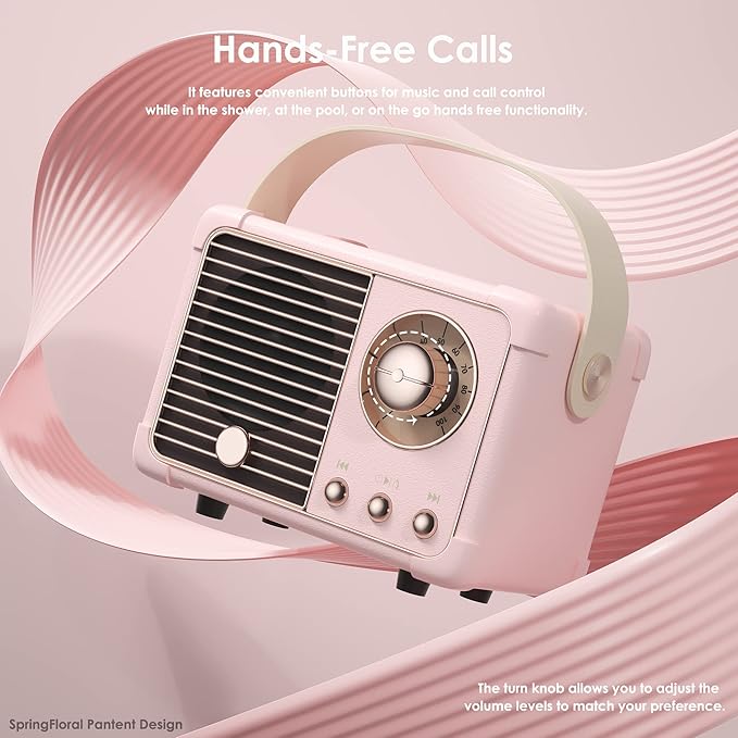 Retro Bluetooth Speaker, Wireless Vintage Small Speaker, Hands-Free Call,400mA Battery,TF Card,Aux Line, Portable Speaker for iOS Android Smartphone Home Office Gift Ideas Pink