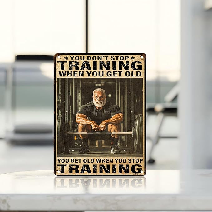 Vintage Gym Training Metal Tin Sign You Don’t Stop Training When You Get Old Wall Art Decor For Bodybuilder Funny Wall Art Home Kitchen Gym Boxing Club Fitness 12 * 16inch