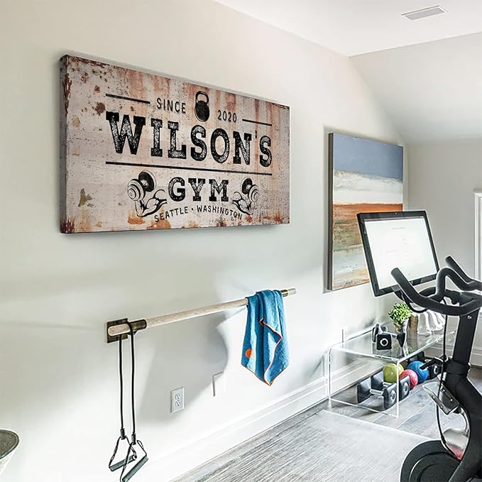 TAILORED CANVASES Personalized Gym Sign Wall Art Decor - Motivational Canvas s for Home Gym, Workout Room, Garage, Fitness Center - Workout Inspirational Posters - Kettlebell on Rustic, 48x24in