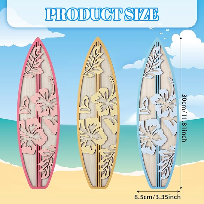 RattanView 3 Pieces Hibiscus Surfboard Decor for Bedroom Wooden Beach Wall Decor Summer Wood Surfboard Wall Hanging Sign for Tropical Living Room Decoration(Yellow, Blue, Pink)
