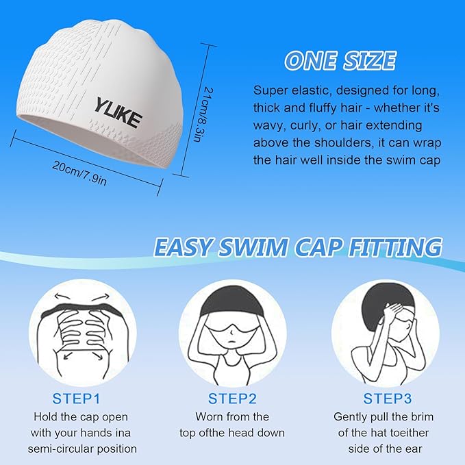 Silicone Swim Cap for Long Hair Adults Women Men, Waterproof Stretchy Swimming Caps, Durable Tear Resistant Bathing Cap