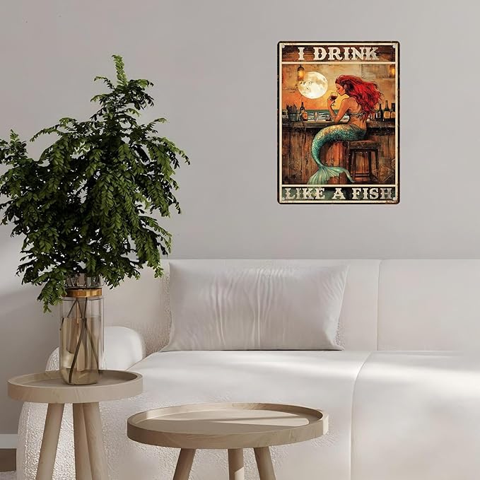 Vintage Mermaid Tin Sign I Drink Like A Fish Retro Wall Decor Decorations for Home Funny Wine Lover Nostalgic Metal Poster Indoor Store Cafe Toilet Kitchen Garden Bar Pubs Man cave 12 * 16inch