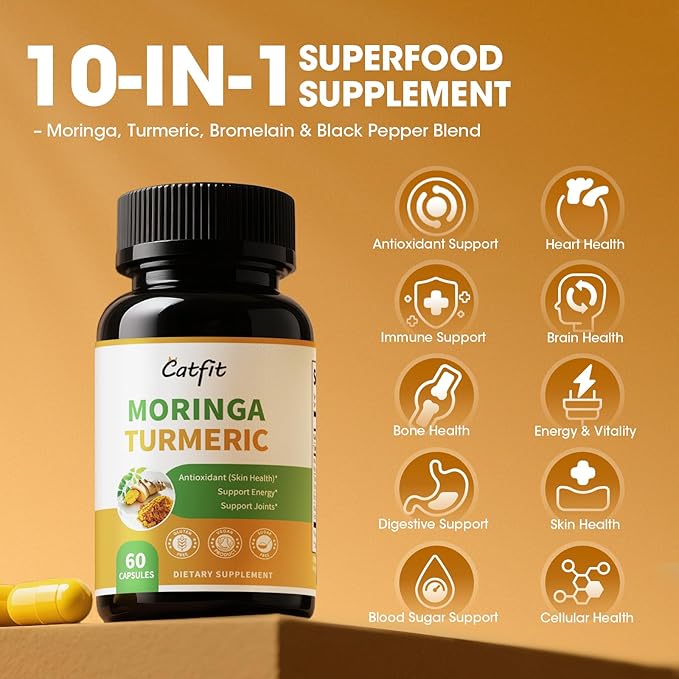 2 Pack Moringa Capsules 10-in-1 Superfood Supplement β Turmeric Curcumin, Bromelain & Black Pepper β Antioxidant, Energy & Skin Support β Vegan, Non-GMO