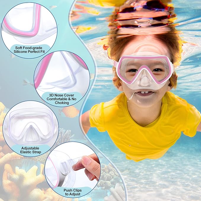 Hoolerry 4 Pcs Kids Nose Goggles Swim Goggles with Nose Cover for 3-8 Tempered Glass Snorkel Dive Mask Anti Fog with Elastic Strap No Leak Swimming Mask for Summer Diving Snorkeling