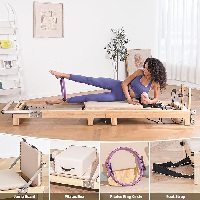 Pilates Reformer Machine, Quick-Assembly Studio Grade Pilates Equipment for Gym and Home, Oak Wood Pilates Reformer with Reformer Accessories