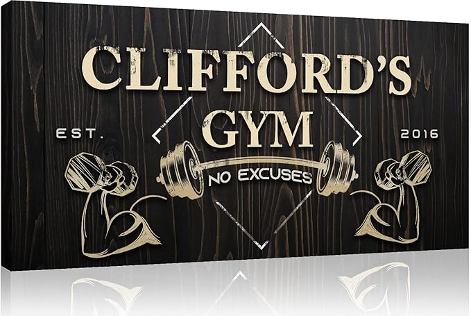 Tailored Canvases Personalized Gym Sign Wall Art Decor - Motivational Canvas for Home Gym, Workout Room, Garage, Fitness Center - Workout Inspirational Posters - Gym Name on Wooden Background, 20x10in