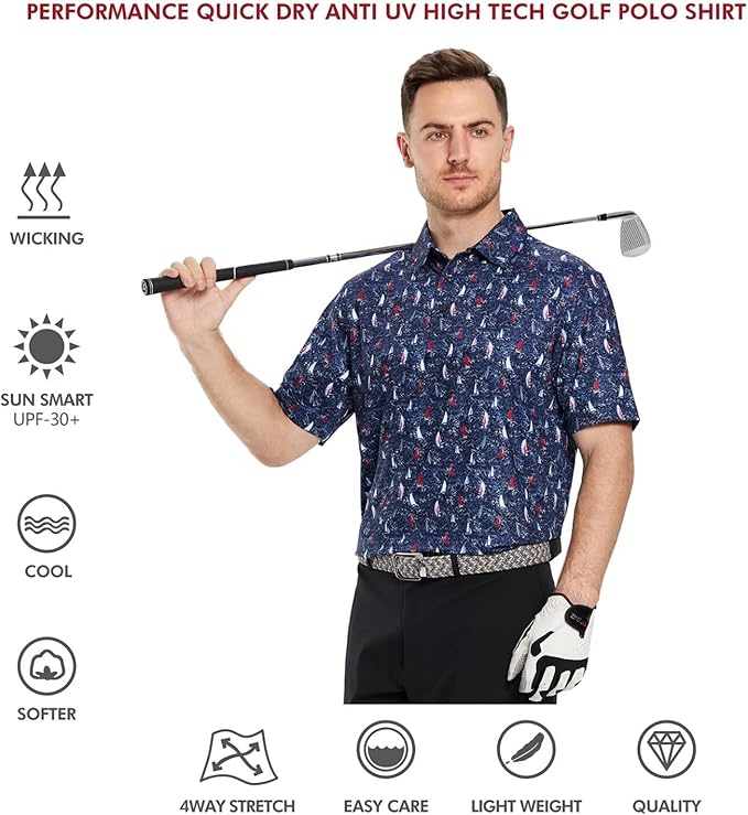 Men's Golf Polo Shirts Short Sleeve Striped Performance Moisture Wicking Dry Fit Golf Shirts for Men