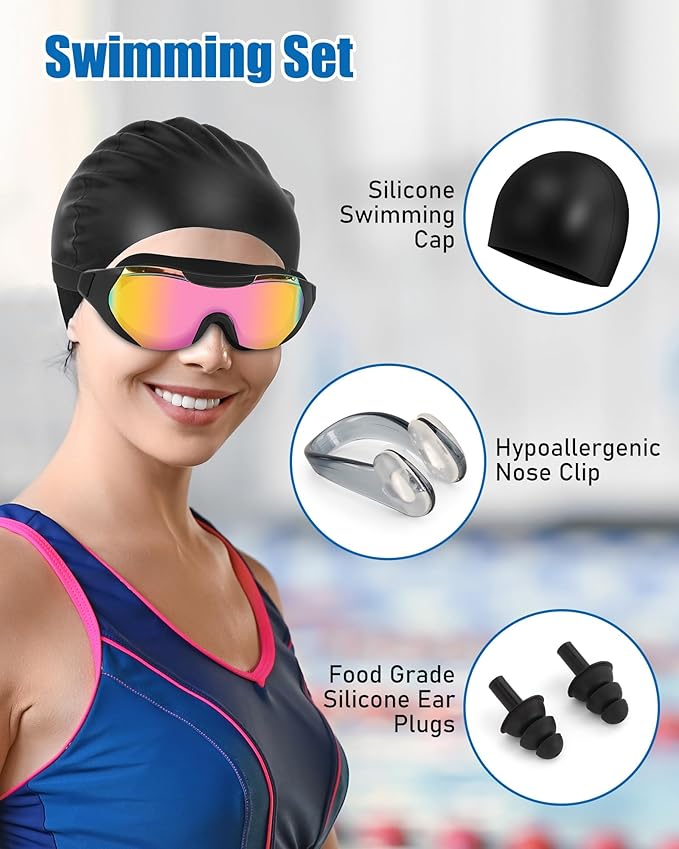 Swim Goggles with Nose Clip, Ear Plugs & Swim Cap, Anti-Fog UV Protection Lens, Leakproof Adjustable Strap for Adult