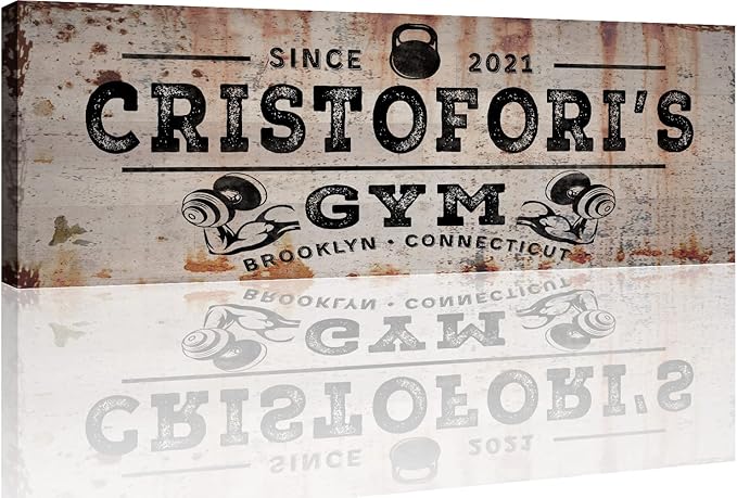 TAILORED CANVASES Personalized Gym Sign Wall Art Decor - Motivational Canvas s for Home Gym, Workout Room, Garage, Fitness Center - Workout Inspirational Posters - Kettlebell on Rustic, 48x16in
