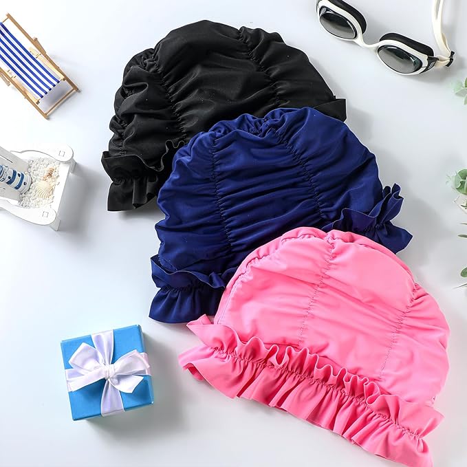 Soulchen 3 Pcs Swim Cap Women Adult with Ruffled Edges Nylon Cloth Swimming Cap for Women Bathing Hats Swim Turban Waterproof Swimming Hat