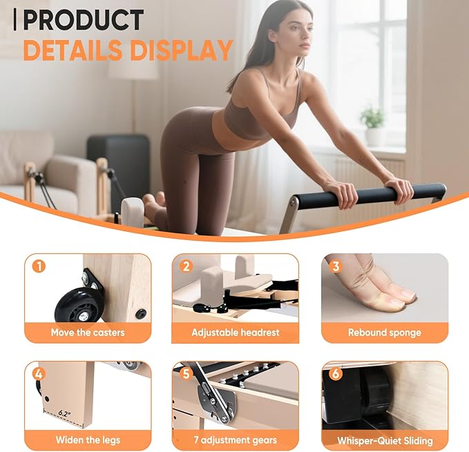 Professional Pilates Reformer Machine with Jumpboard, Reformer Box & Foot Straps – Studio-Grade Wood Frame Equipment for Home Workouts, Adjustable Resistance & Smooth Glide System