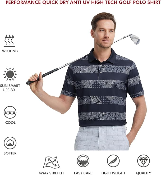 Men's Golf Polo Shirts Short Sleeve Striped Performance Moisture Wicking Dry Fit Golf Shirts for Men