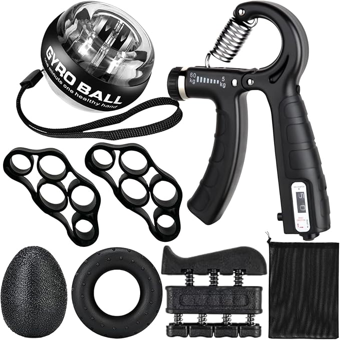 Hand Grip Strengthener Workout Kit (8 Pack) Forearm Grip Adjustable Resistance Hand Gripper, Finger Stretcher, Finger Exerciser, Grip Ring,Gyro Ball