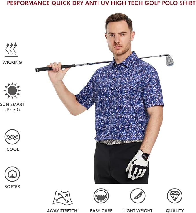 Men's Golf Polo Shirts Short Sleeve Striped Performance Moisture Wicking Dry Fit Golf Shirts for Men