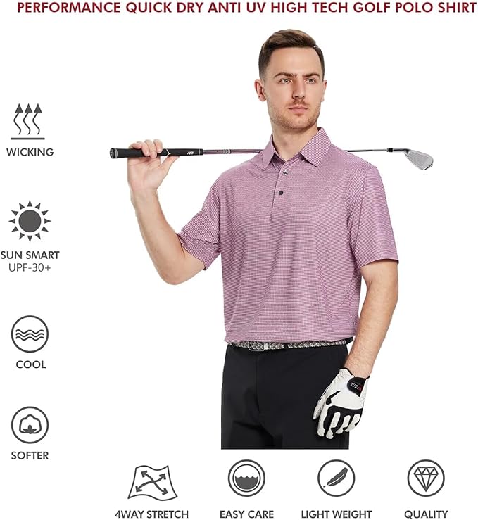 Men's Golf Polo Shirts Short Sleeve Striped Performance Moisture Wicking Dry Fit Golf Shirts for Men