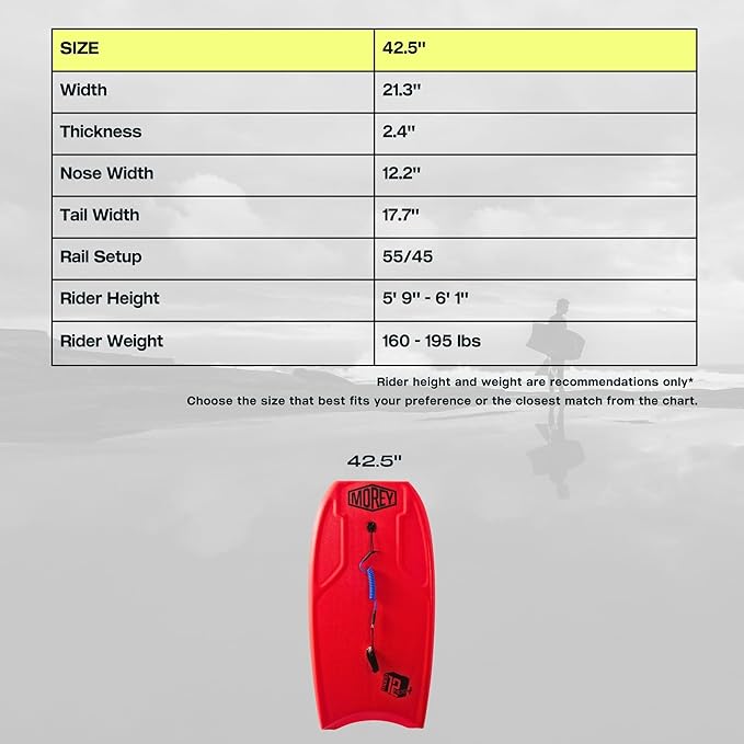 MOREY® Mach 12 MDS, 42.5" Bodyboard. Dynamic Speed Body Boards for Beach, for All Skill Levels, Embedded Fiberglass Stringer, with Coil Leash. Re-Engineered 2025 Model