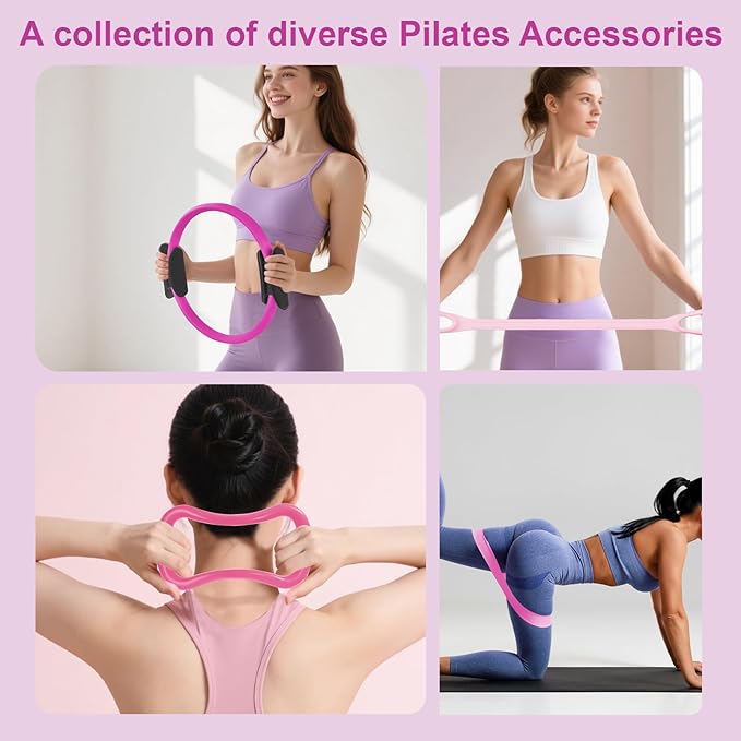 Pilates Ring Set –Home Pilates Equipment for Women Kit with a 14-inch Pilates Ring and 9.8-inch Pilates Ball,5 Resistance Bands for Beginners—Train Muscles, Flexibility & Core Strength at Home