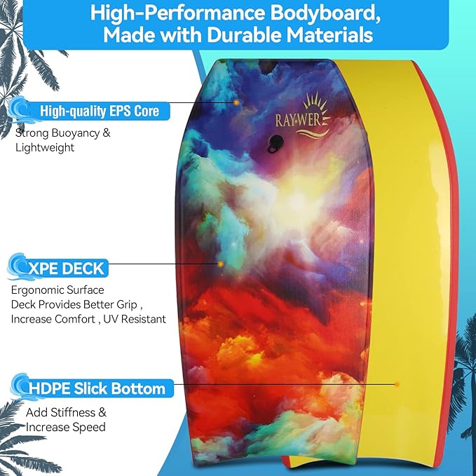 Body Board Lightweight with EPS Core, HDPE Slick Bottom, Leash & Adjustable Wrist Rope, Great Surfing for Kids and Adults