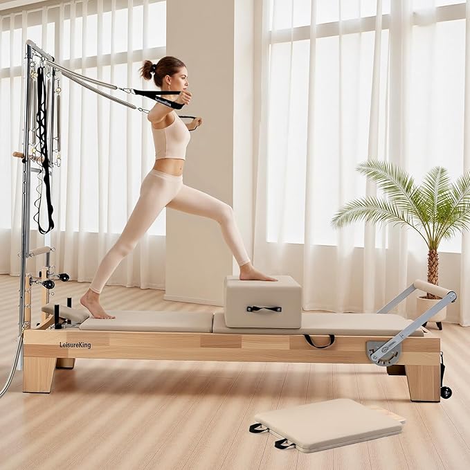 Pilates Reformer Machine, Quick-Assembly Studio Grade Pilates Equipment for Gym and Home, Oak Wood Pilates Reformer with Reformer Accessories