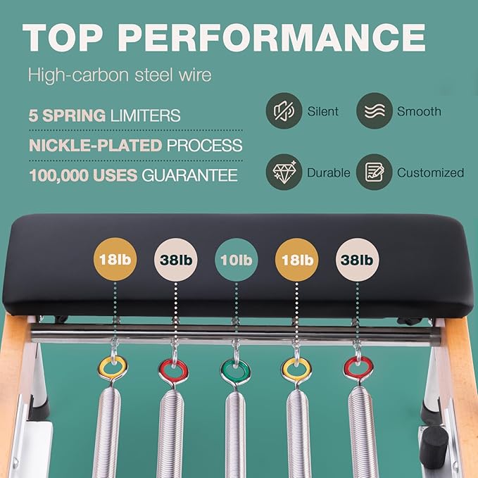 Pilates Reformer, ARKANTOS Reformer Pilates Machine Foldable Beech Wood Frame, Adjustable Resistance with Box and 2 Jump Boards, Easy Storage for Home Gym