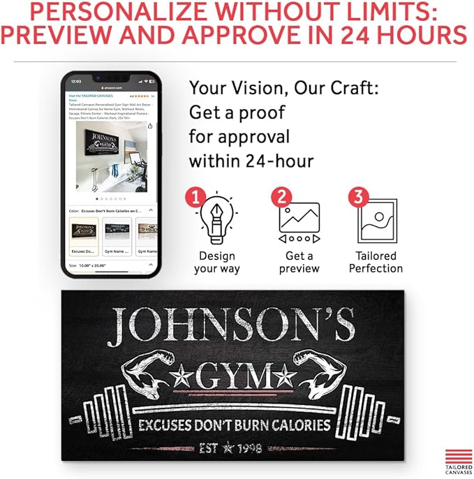 Tailored Canvases Personalized Gym Sign Wall Art Decor - Motivational Canvas for Home Gym, Workout Room, Garage, Fitness Center - Workout Inspirational Posters - Excuses Don't Burn Calories Dark, 20x10in