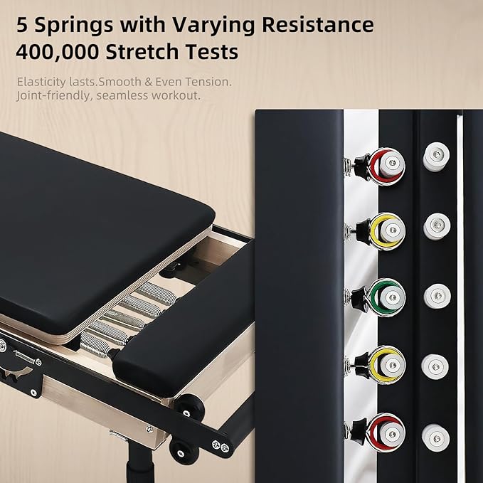 Pilates Reformer with Adjustable Height, Wooden Foldable Pilates Reformer Machine, Pilates Machine for Home Use and Studio, Pilates Equipment with Sitting Box, Jump Board and Accessories