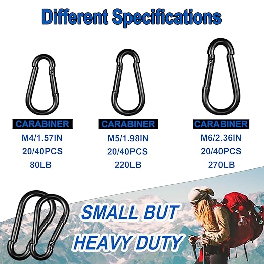 200PCS M4 Black Carabiner Clip,1.57''Inch Bulk Snap Hook Quick Link Small Carabiner Clips,Spring Link Buckle for Fishing Camping Hammock Dog Leashes-270LBS Holding Capacity