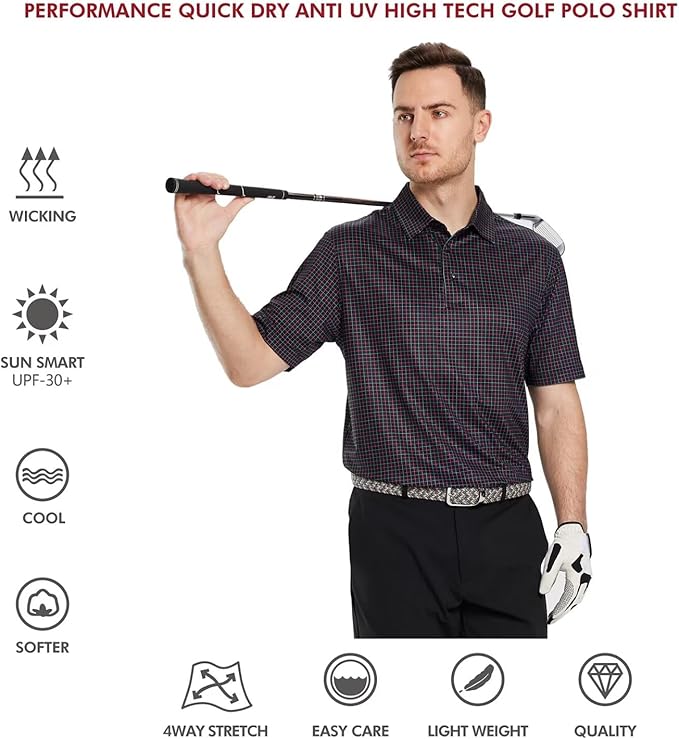 Men's Golf Polo Shirts Short Sleeve Striped Performance Moisture Wicking Dry Fit Golf Shirts for Men