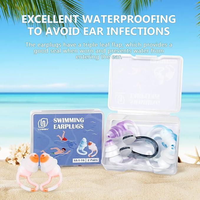 Reusable Swimming Ear Plugs with Nose Clips -2 Pairs Silicone Swimmers Ear Plugs for Adult Water Surfing, Snorkeling, Sleeping and Shower