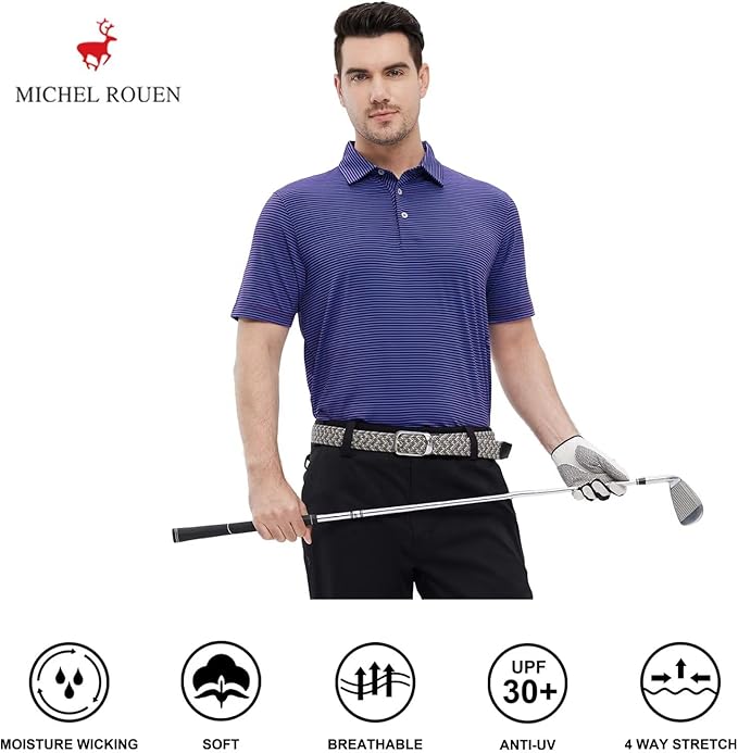 Mens Golf Shirt Moisture Wicking Dry Fit Performance Sport Short Sleeve Striped Golf Polo Shirts for Men
