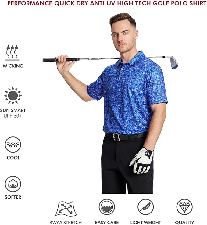 Men's Golf Polo Shirts Short Sleeve Striped Performance Moisture Wicking Dry Fit Golf Shirts for Men