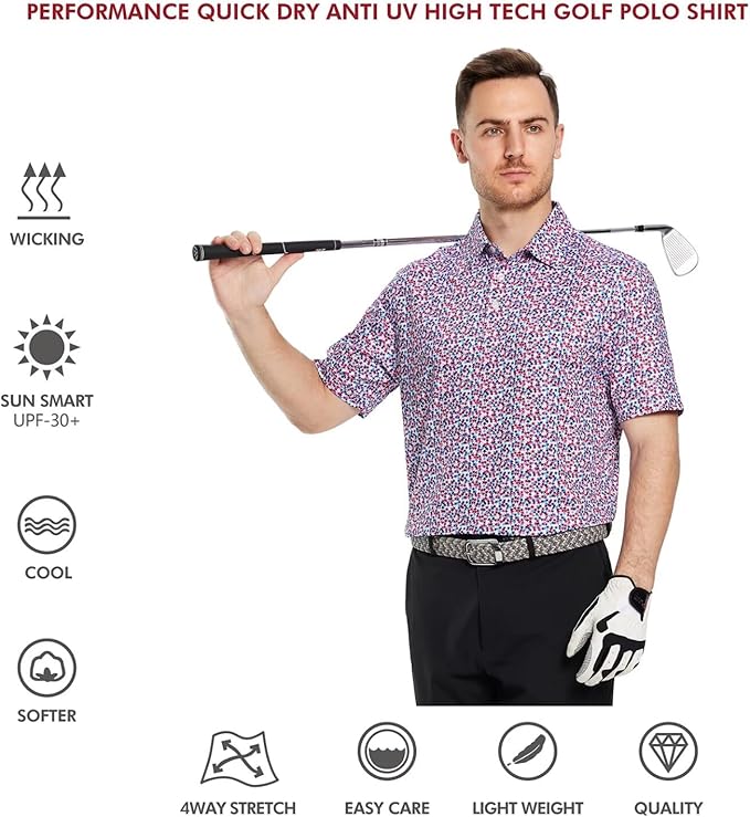 Men's Golf Polo Shirts Short Sleeve Striped Performance Moisture Wicking Dry Fit Golf Shirts for Men