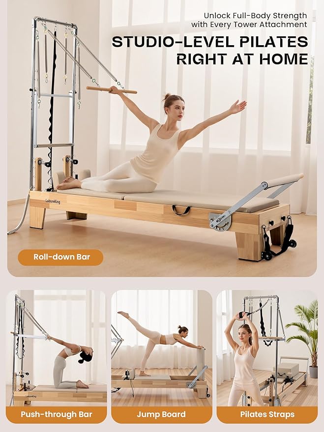Pilates Reformer Machine, Quick-Assembly Studio Grade Pilates Equipment for Gym and Home, Oak Wood Pilates Reformer with Reformer Accessories