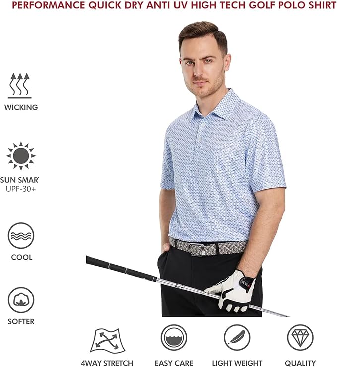 Men's Golf Polo Shirts Short Sleeve Striped Performance Moisture Wicking Dry Fit Golf Shirts for Men