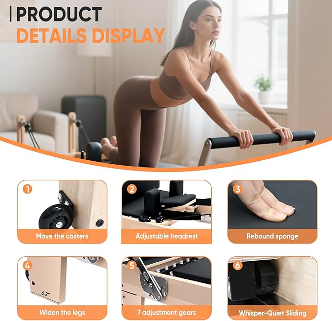 Professional Pilates Reformer Machine with Jumpboard, Reformer Box & Foot Straps – Studio-Grade Wood Frame Equipment for Home Workouts, Adjustable Resistance & Smooth Glide System