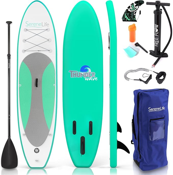 SereneLife Inflatable Stand Up Paddle Board with Premium SUP Accessories – Wide Stable Design with Non-Slip EVA Deck Pad for Adults and Youth of All Skill Levels