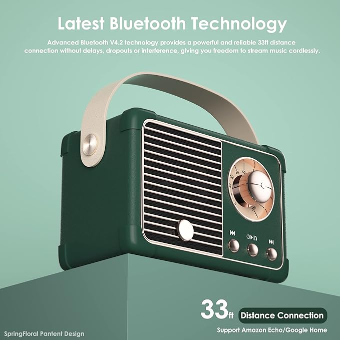 Retro Bluetooth Speaker, Cute Small Bluetooth Speakers Portable Wireless for Indoor Outdoor Vintage Home Office Decor, Perfect for Party Desk Kitchen Hiking Beach Travel Gift Ideas Green