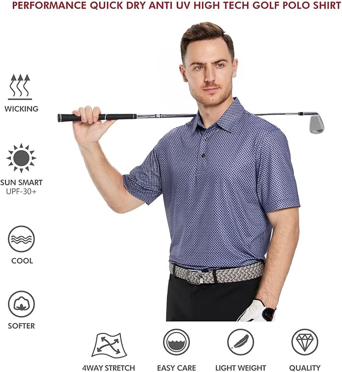 Men's Golf Polo Shirts Short Sleeve Striped Performance Moisture Wicking Dry Fit Golf Shirts for Men