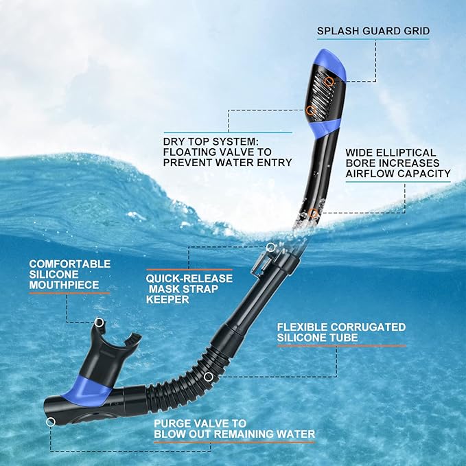Odoland Kids Snorkeling Packages Snorkel Set, Dry Top Snorkel Mask with Adjustable Swim Fins for Boys and Girls Age 7-14
