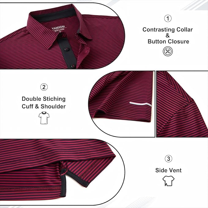 Golf Shirts for Men - Moisture Wicking Short Sleeve Performance Sport Casual Striped Collared Mens Polo Shirt