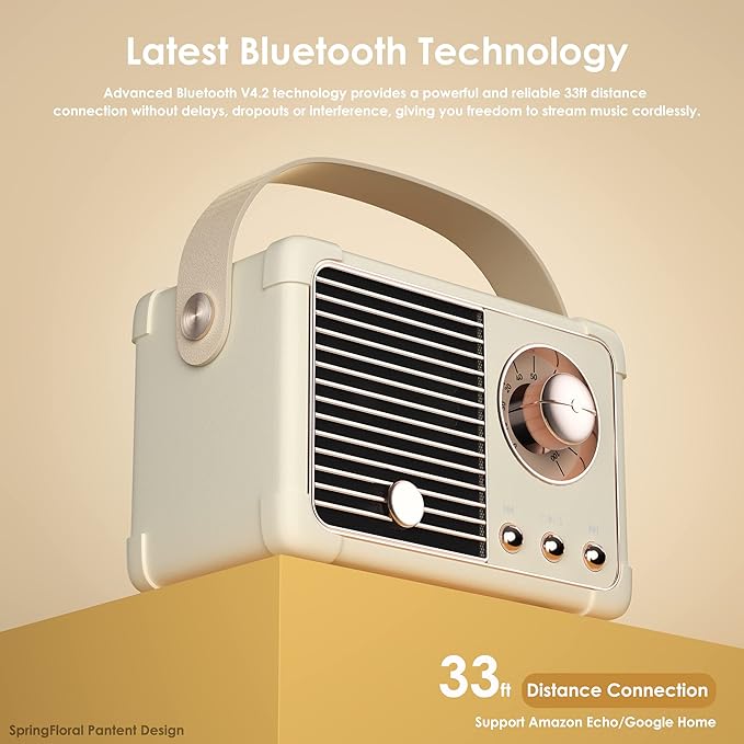 Retro Bluetooth Speaker,Wireless Vintage Small Speaker with Stereo Sound,Hands-free Call,400mA Battery,TF Card, Aux Line,Water-Proof For iOS Android Smartphone Home Office Gift Ideas White