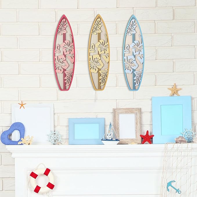 RattanView 3 Pieces Hibiscus Surfboard Decor for Bedroom Wooden Beach Wall Decor Summer Wood Surfboard Wall Hanging Sign for Tropical Living Room Decoration(Yellow, Blue, Pink)