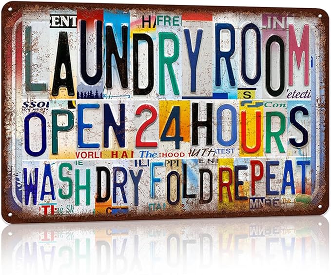 Vintage Laundry Room Wall Decor Metal Sign Tin Signs Poster - Open 24 Hours Wash Dry Fold Repeat