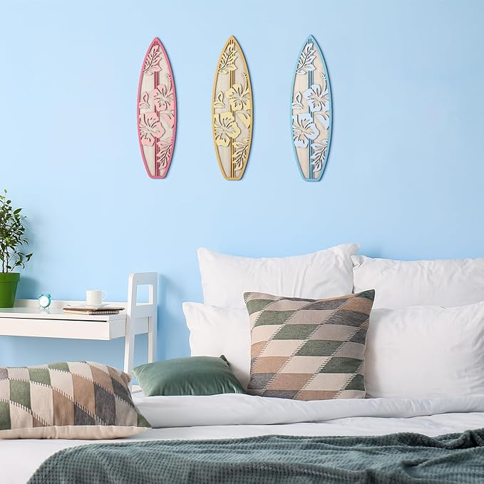 RattanView 3 Pieces Hibiscus Surfboard Decor for Bedroom Wooden Beach Wall Decor Summer Wood Surfboard Wall Hanging Sign for Tropical Living Room Decoration(Yellow, Blue, Pink)