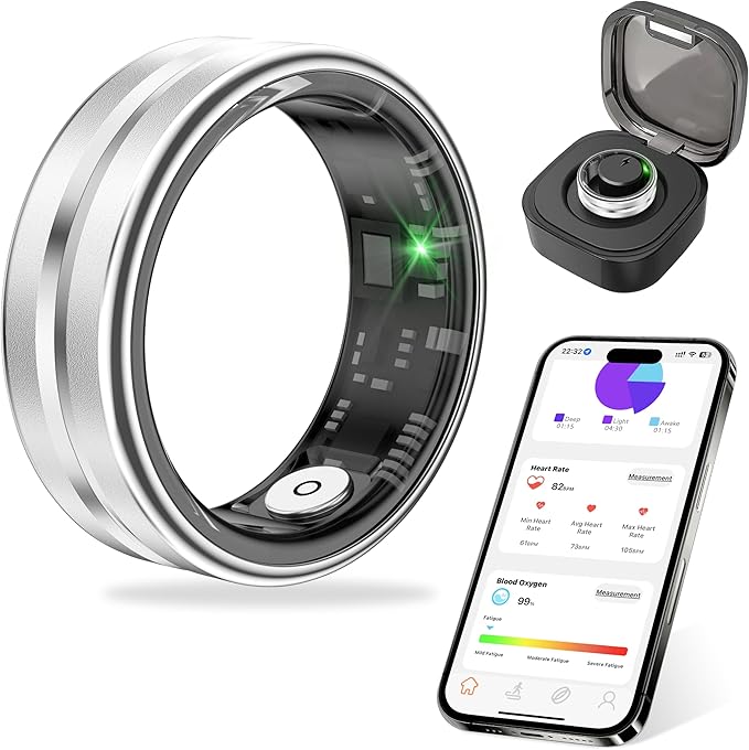 Thin Smart Ring for Fitness & Health Tracking -Pedometer,Sleep/Heart Rate/Blood Oxygen Monitor, Gesture Control / 5ATM Waterproof -No APP Subscription Compatible with Android& iOS (Silver, 7)