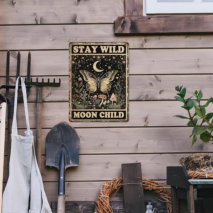 Vintage Tin Sign Butterfly Stay Wild Moon Tin Sign Retro Wall Decor for Home Office Room Wall Decor Poster 12 * 16inch