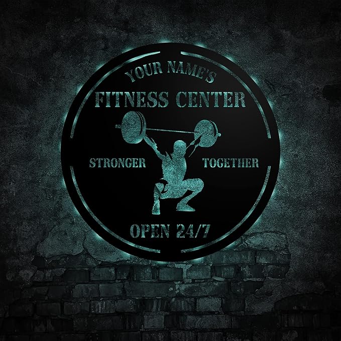 Personalized Home Gym LED Tin Metal Sign Multiple Sizes, Gym Sign Wall Decor, Exercise Workout Room Decor Fitness Center, Motivational Inspirational Hanging Wall Art Wall Plaque (04 w/lights)