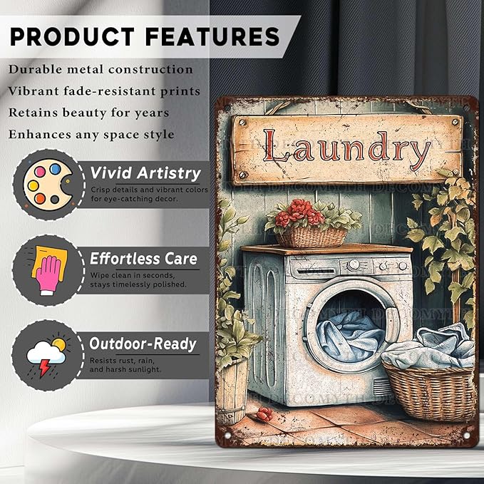 Vintage Laundry Room Tin Sign Retro Metal Poster Funny Laundry Wall Art Cafe Toilet Farm Room Garden Plaque Outdoor Farmhouse Decor Bathroom Restroom 12 * 16inch